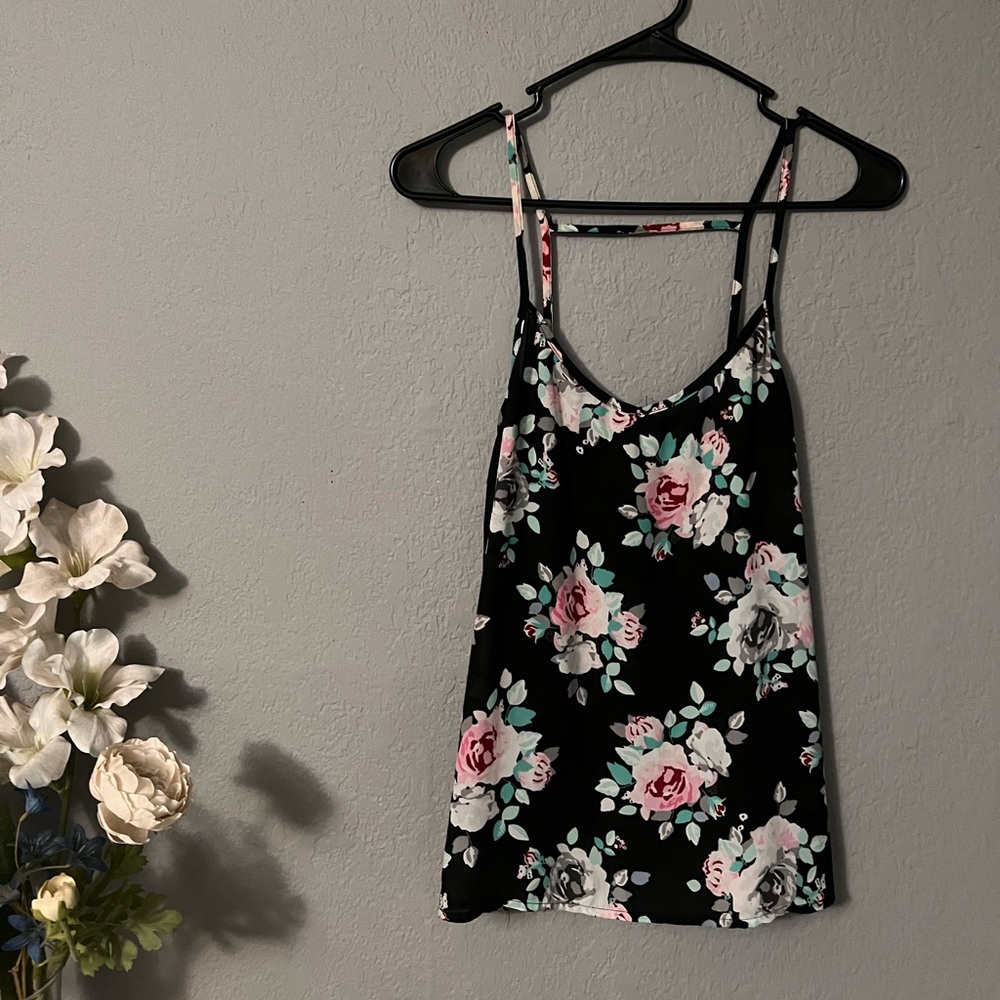 Black & Flower Print Tank Top